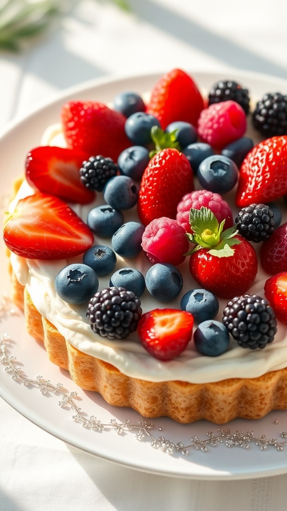 A stunning berry tart with mixed berries on creamy filling, displayed elegantly on a white plate.